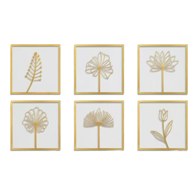 金色线条花卉艺术画六幅装工艺画客厅装饰画简约挂画书房装饰画白底实物图
