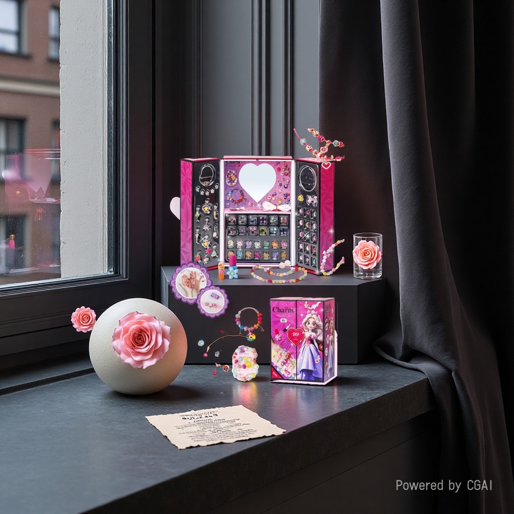 Charm儿童DIY化妆盒36件套粉色心形公主饰品套装白底实物图