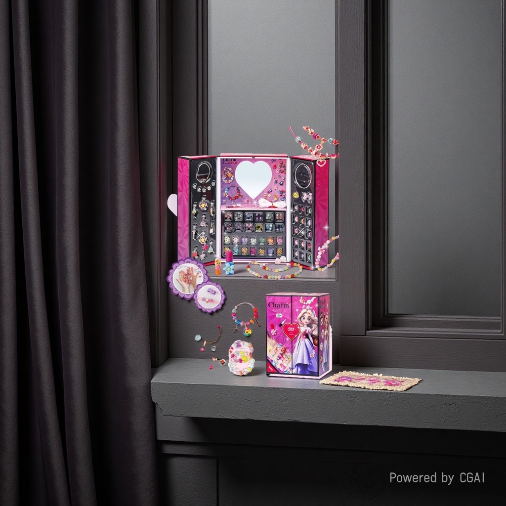 Charm儿童DIY化妆盒36件套粉色心形公主饰品套装细节图