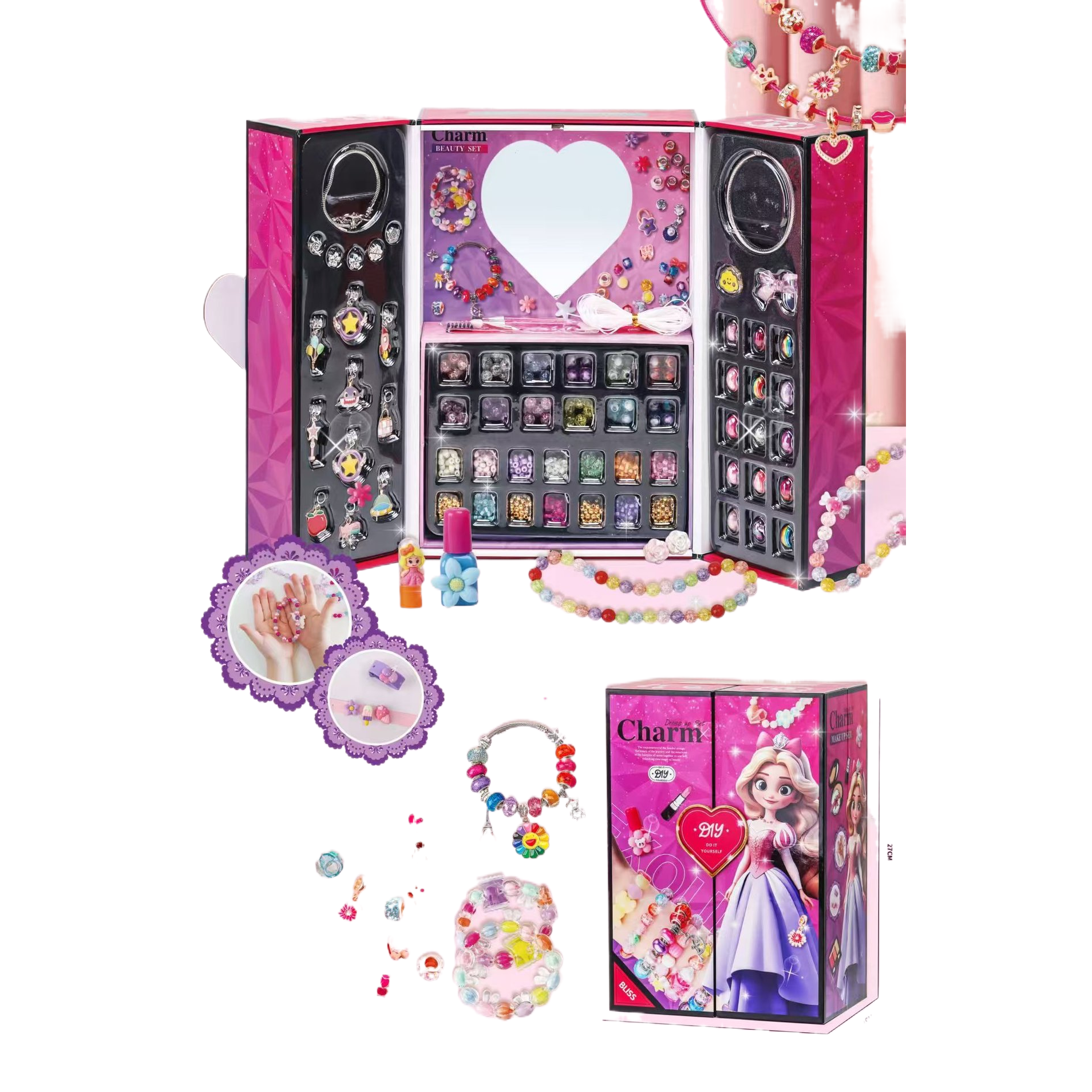 Charm儿童DIY化妆盒36件套粉色心形公主饰品套装