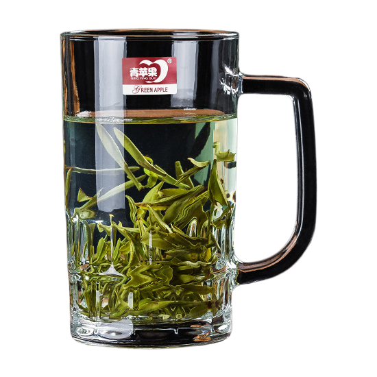 玻璃杯/带把玻璃水杯/太阳浮雕杯子/玻璃茶杯/杯子白底实物图