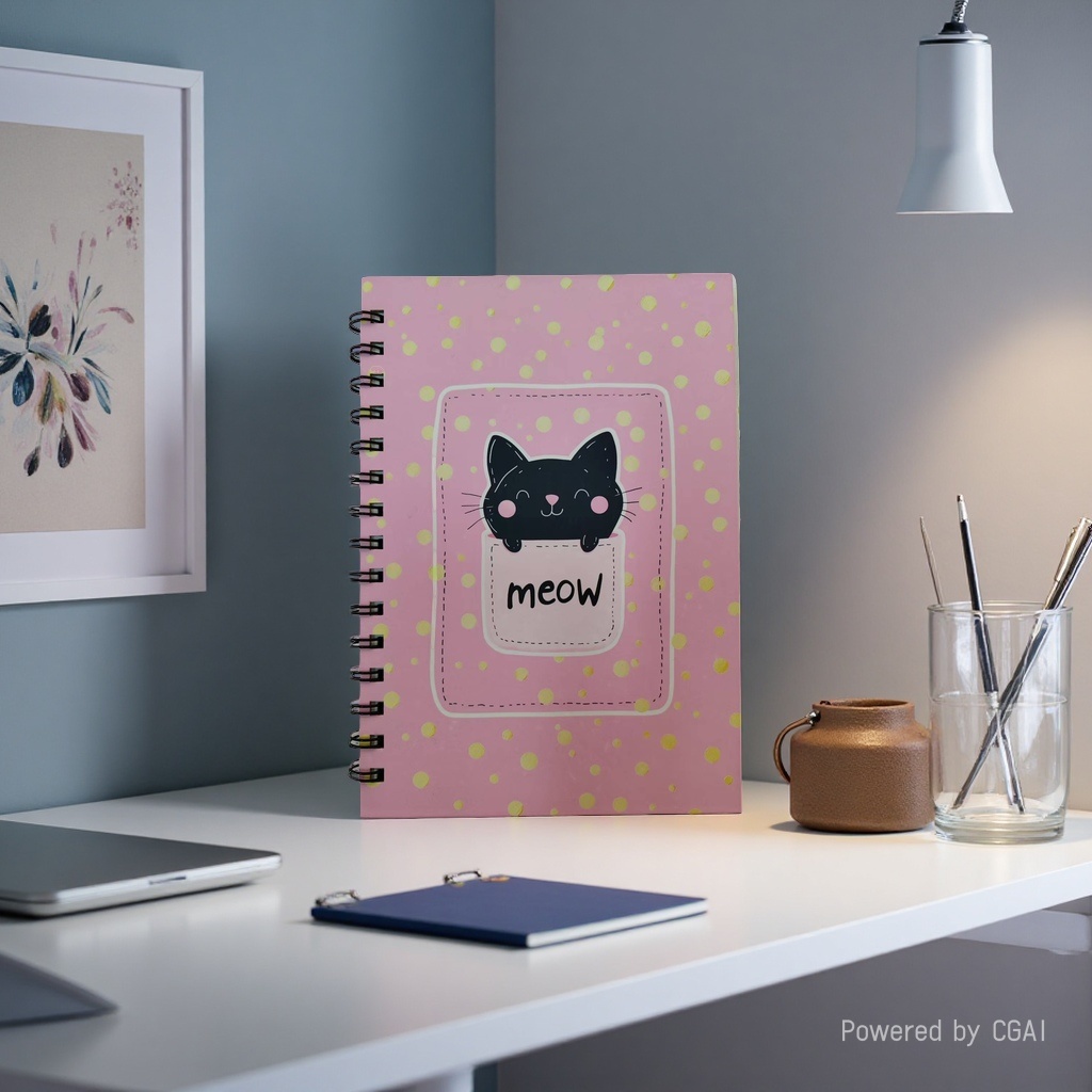 Donghu Paper Products A5 Pink Gold polka Dot Pocket Black Cat Coil Notebook Meow Cute girlish Heart Notebook, Student portable Notepad, planner Specification image