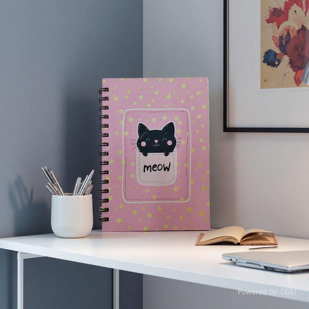 Donghu Paper Products A5 Pink Gold polka Dot Pocket Black Cat Coil Notebook Meow Cute girlish Heart Notebook, Student portable Notepad, planner
