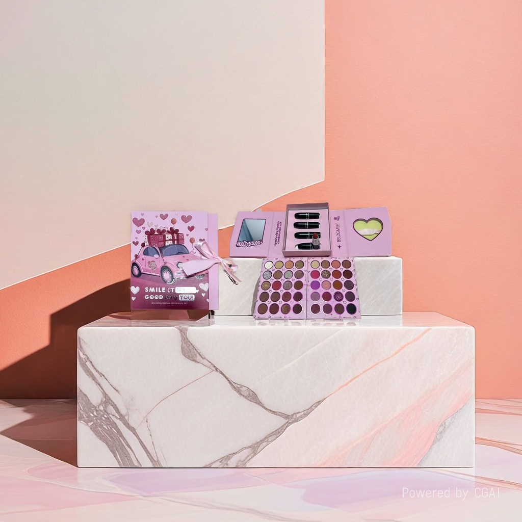 BELZGMEE multi-functional eyeshadow Gift Box, with pink packaging, includes an eyeshadow palette and lipstick, a new fashion and beauty product. details Picture