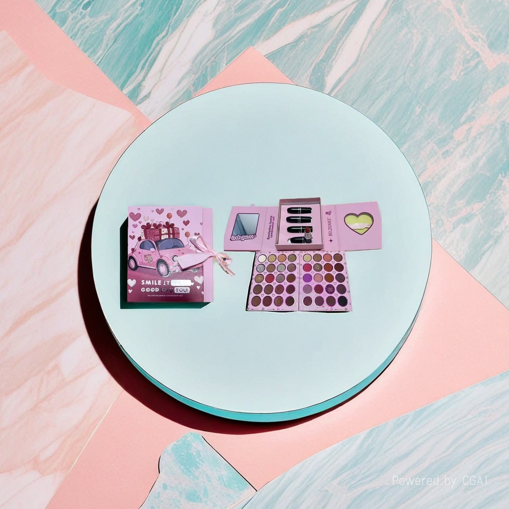 BELZGMEE multi-functional eyeshadow Gift Box, with pink packaging, includes an eyeshadow palette and lipstick, a new fashion and beauty product. Application Scenario