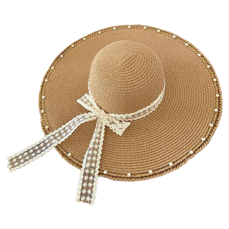 夏季大帽檐帽子女款蝴蝶结飘带草帽海边百搭沙滩帽珍珠防晒遮阳帽