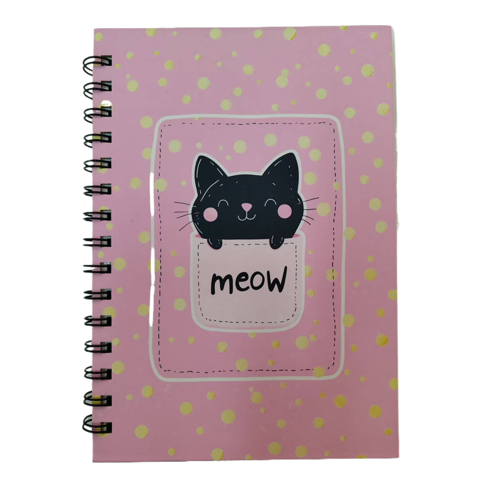 Donghu Paper Products A5 Pink Gold polka Dot Pocket Black Cat Coil Notebook Meow Cute girlish Heart Notebook, Student portable Notepad, planner Item Picture