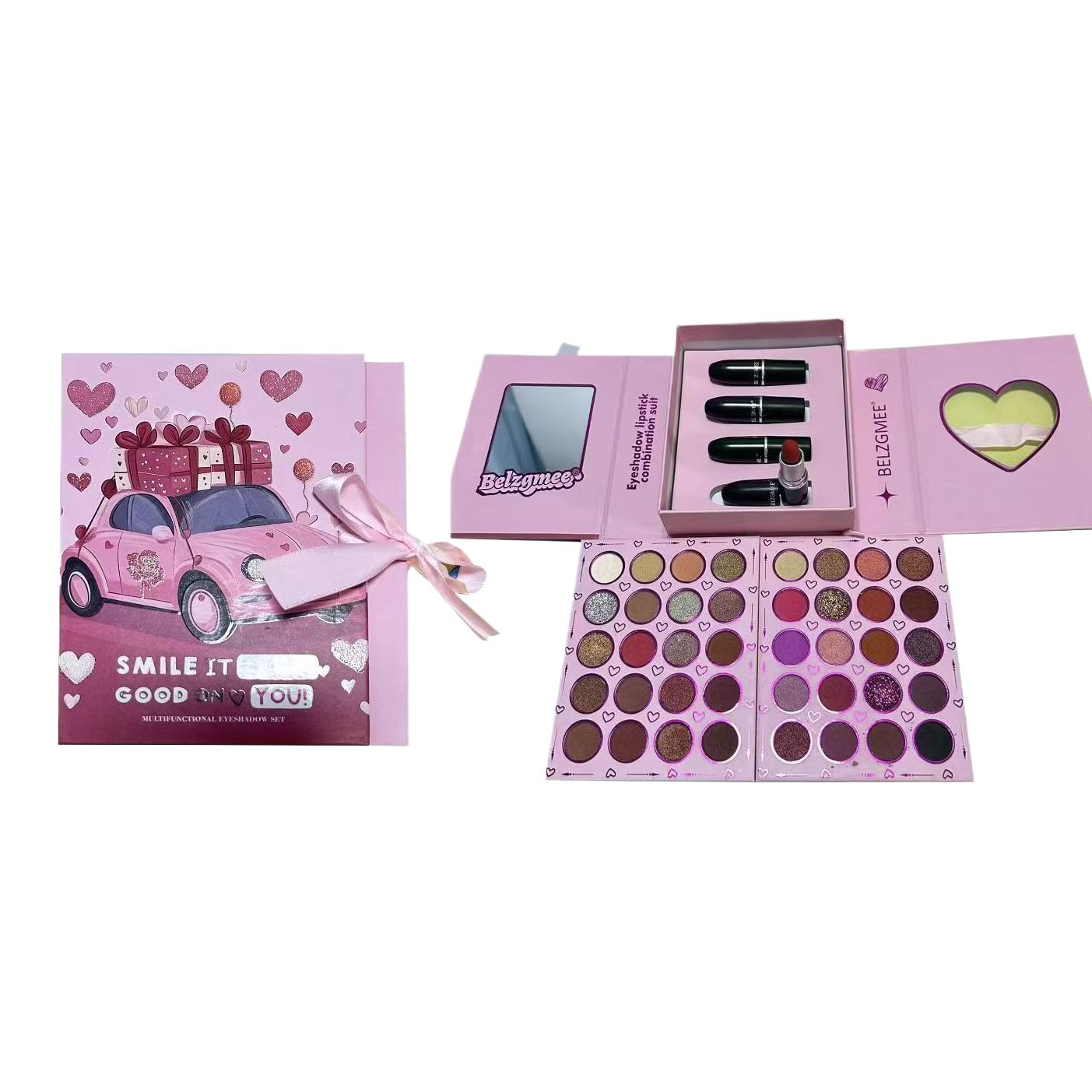 BELZGMEE multi-functional eyeshadow Gift Box, with pink packaging, includes an eyeshadow palette and lipstick, a new fashion and beauty product. Item Picture