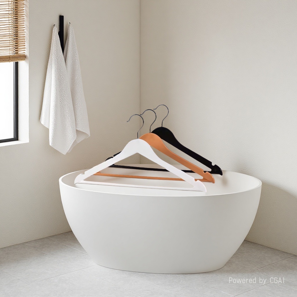 Wooden clothes hangers for children's clothing stalls and plastic hanger supports for simple storage details Picture