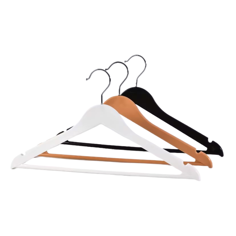 Wooden clothes hangers for children's clothing stalls and plastic hanger supports for simple storage