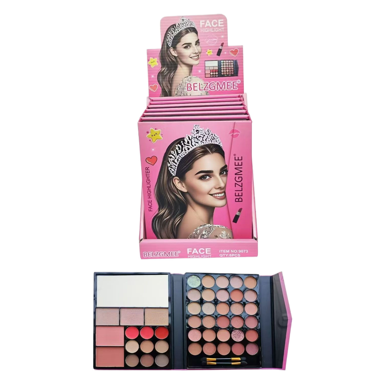 BELZGMEE's new makeup palette features an eye-catching pink packaging, including highlights, eyeshadows and blushes, making it a new favorite in the fashion and beauty industry. Item Picture