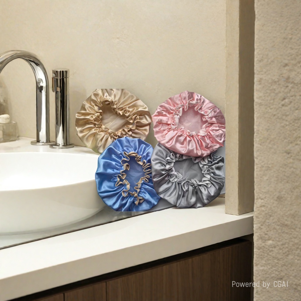 素色色丁双层浴帽丝绸材质睡帽帽条帽子配件腰带绳