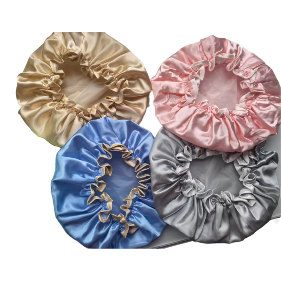 Plain-colored double-layered shower cap, silk material sleeping cap, hat strip, hat accessories, belt rope Item Picture