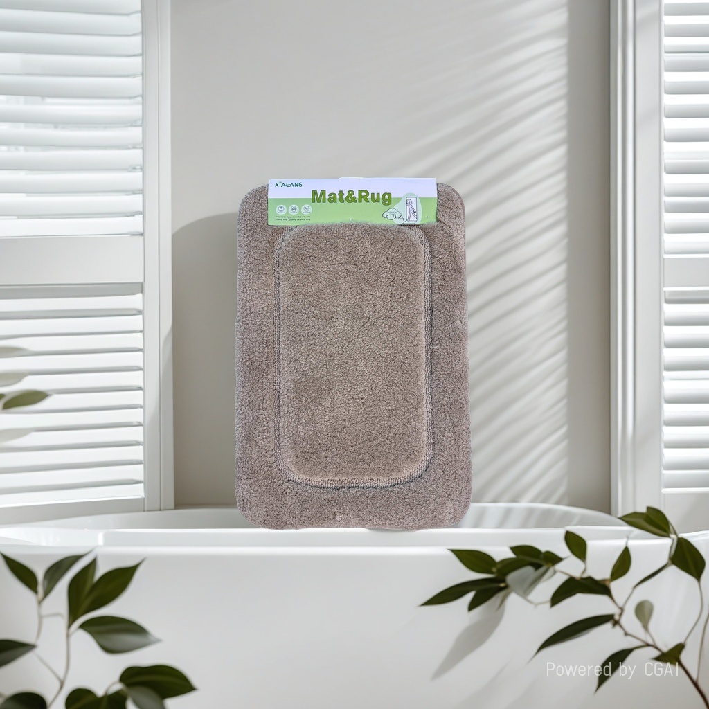 Brown plush rectangular floor mat with soft surface stitching decoration and green label MatRug jute bathroom PVC bathtub mat Application Scenario
