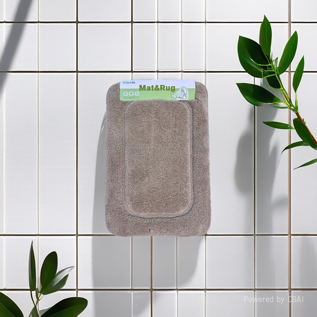 Brown plush rectangular floor mat with soft surface stitching decoration and green label MatRug jute bathroom PVC bathtub mat