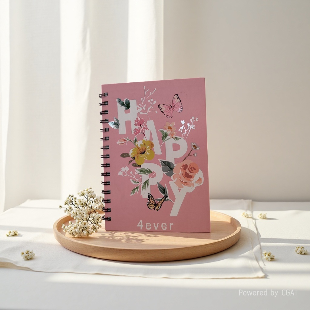 Donghu Paper Products A5 Gentle Pink HAPPY 4ever Flower Coil Notebook Butterfly Decoration Girlish Heart Small Notebook Portable and portable Notepad details Picture