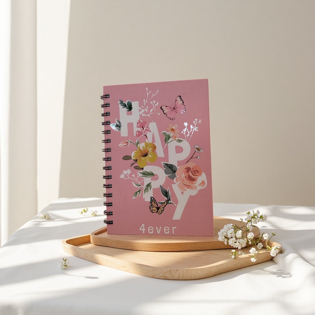 Donghu Paper Products A5 Gentle Pink HAPPY 4ever Flower Coil Notebook Butterfly Decoration Girlish Heart Small Notebook Portable and portable Notepad