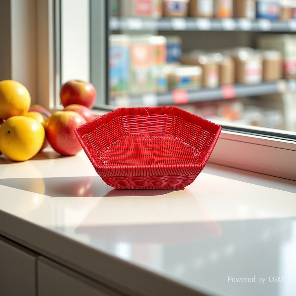 Bread basket, fruit basket, plastic woven basket, storage basket, remote control, sundries storage basket, supermarket packaging basket, red basket, PP material Specification image