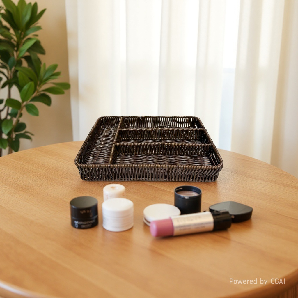 Compartment-divided storage trays, plastic woven baskets, storage baskets, remote control, sundries storage baskets, household daily sundries storage, cosmetics storage baskets Application Scenario
