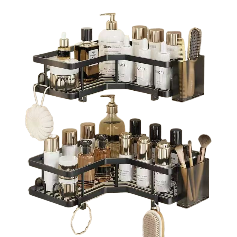 Corner hanging frame 4-piece set, black metal bathroom storage rack, wall-mounted cabinet, student dormitory basin rack, toilet storage rack, daily necessities, bathroom hanging Item Picture