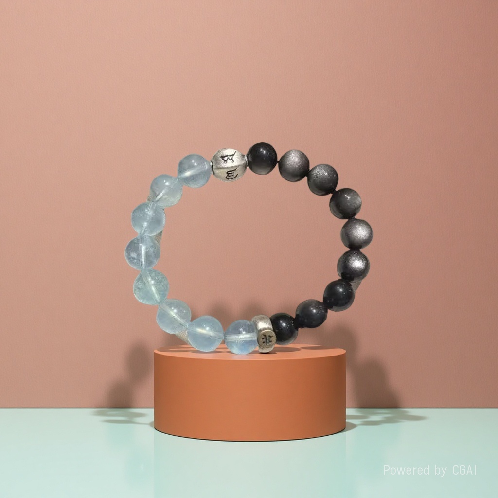 【 Yajinpei Jewelry 】 "Qingyao · Zodiac Protection" : 10mm Silver Obsidian natural aquamarine 925 pure silver six-character motto Specification image