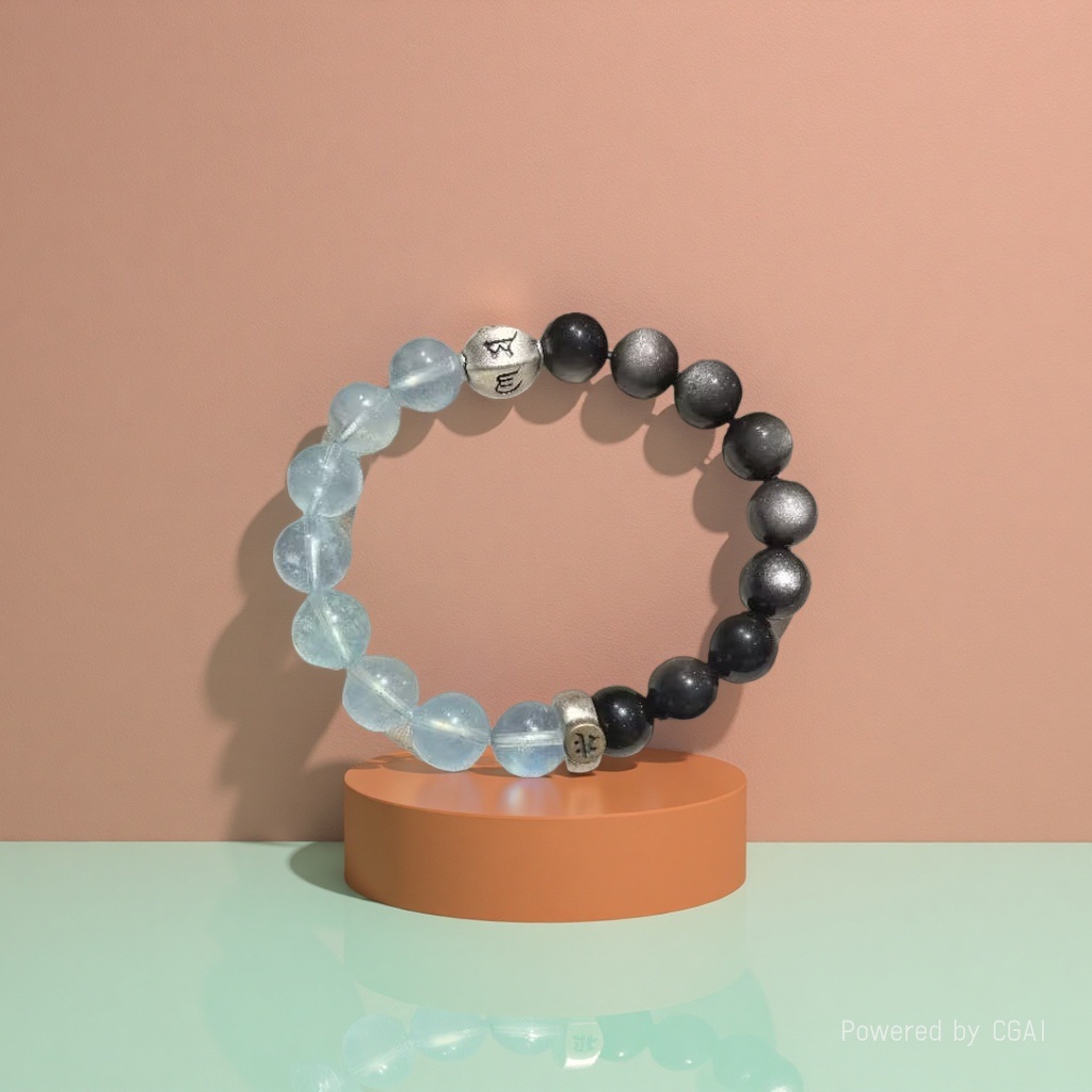 【 Yajinpei Jewelry 】 "Qingyao · Zodiac Protection" : 10mm Silver Obsidian natural aquamarine 925 pure silver six-character motto details Picture