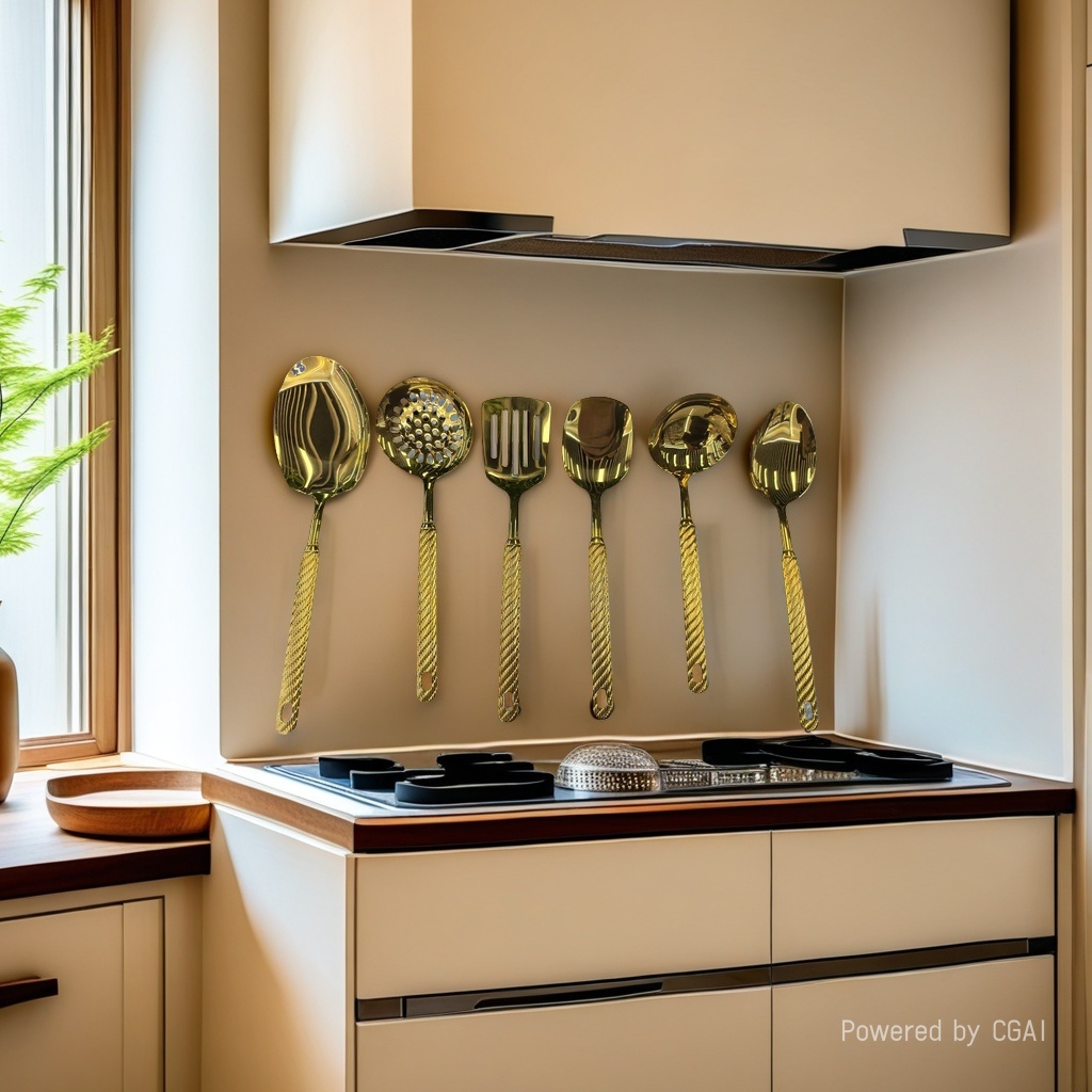 A 10-piece golden colorful stainless steel kitchenware set with enamel pot