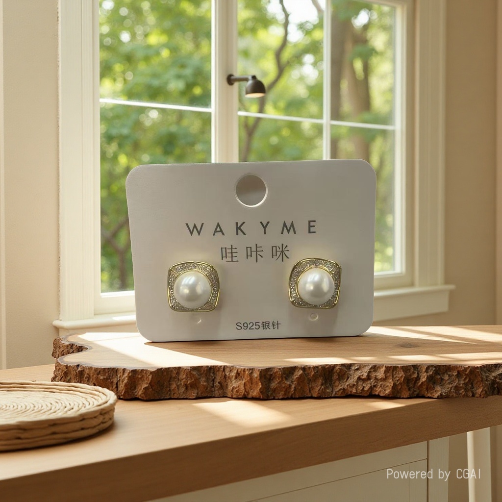 自带高光 方形珍珠镶钻耳钉 温柔气质s925银针