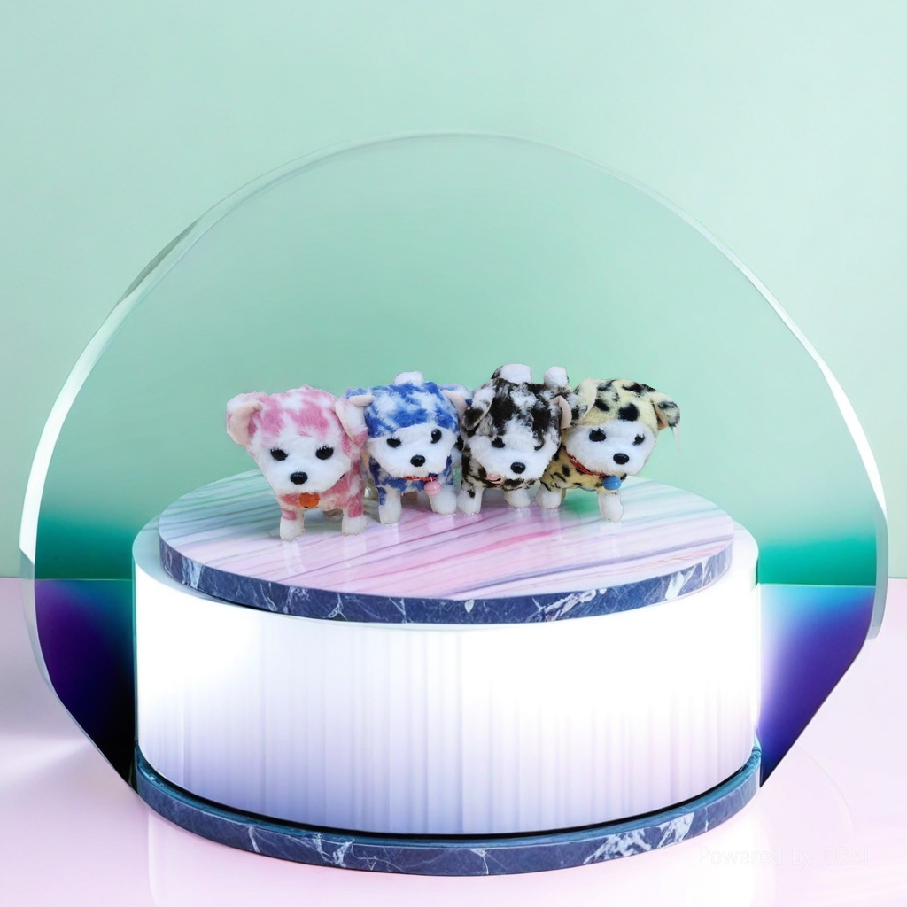 Four plush puppy dolls of different colors and patterns in trendy toys: pink, blue, black, white, yellow, black spots with colorful bells and light collars Application Scenario