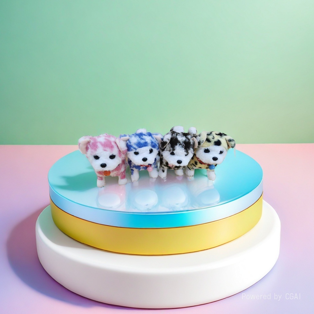 Four plush puppy dolls of different colors and patterns in trendy toys: pink, blue, black, white, yellow, black spots with colorful bells and light collars Specification image