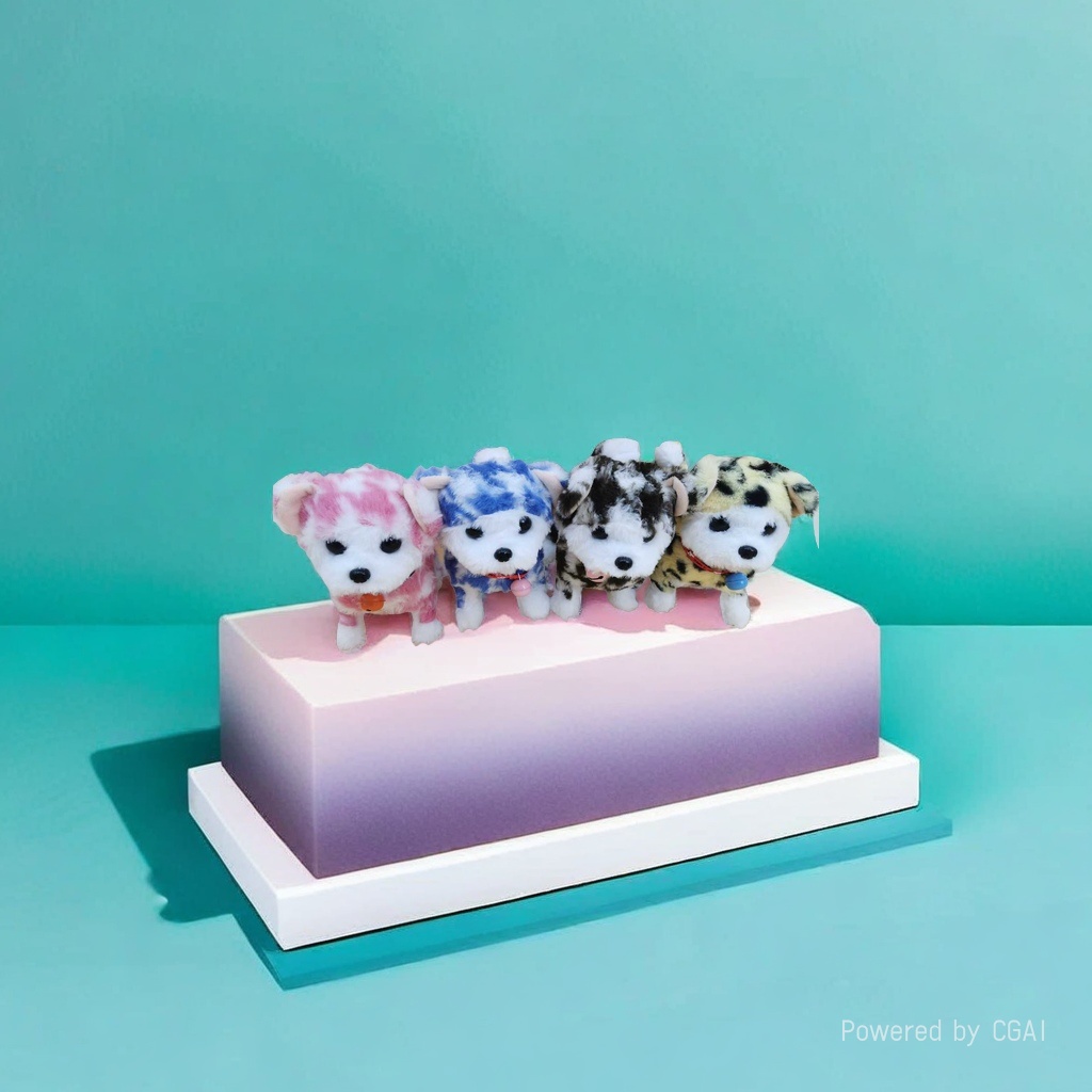 Four plush puppy dolls of different colors and patterns in trendy toys: pink, blue, black, white, yellow, black spots with colorful bells and light collars details Picture