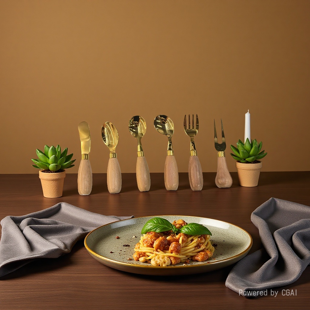 ✨ "Wooden Charm and Golden Radiance · Culinary Choice" wooden handle Gilded stainless steel tableware set: Make every meal full of ceremony