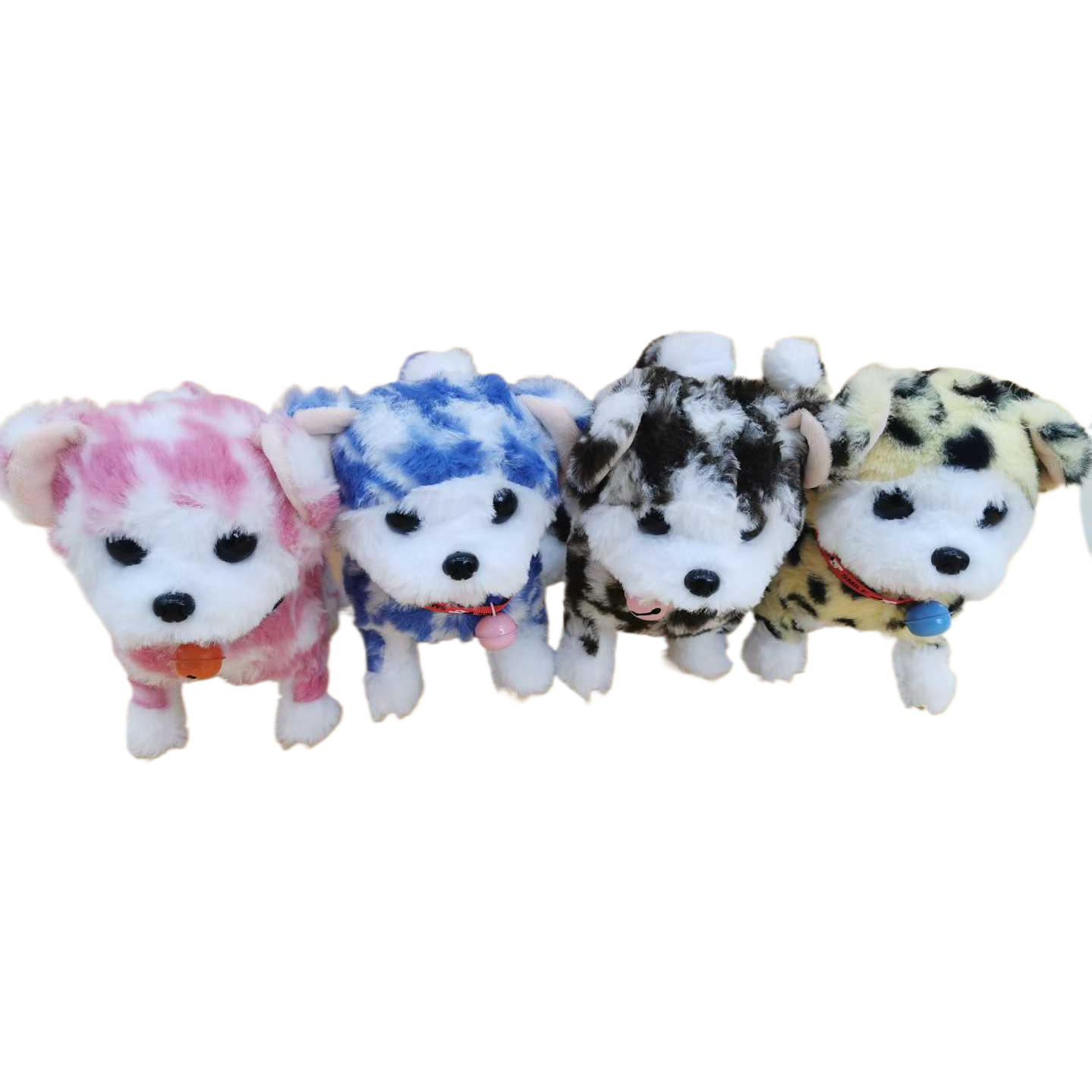 Four plush puppy dolls of different colors and patterns in trendy toys: pink, blue, black, white, yellow, black spots with colorful bells and light collars Item Picture