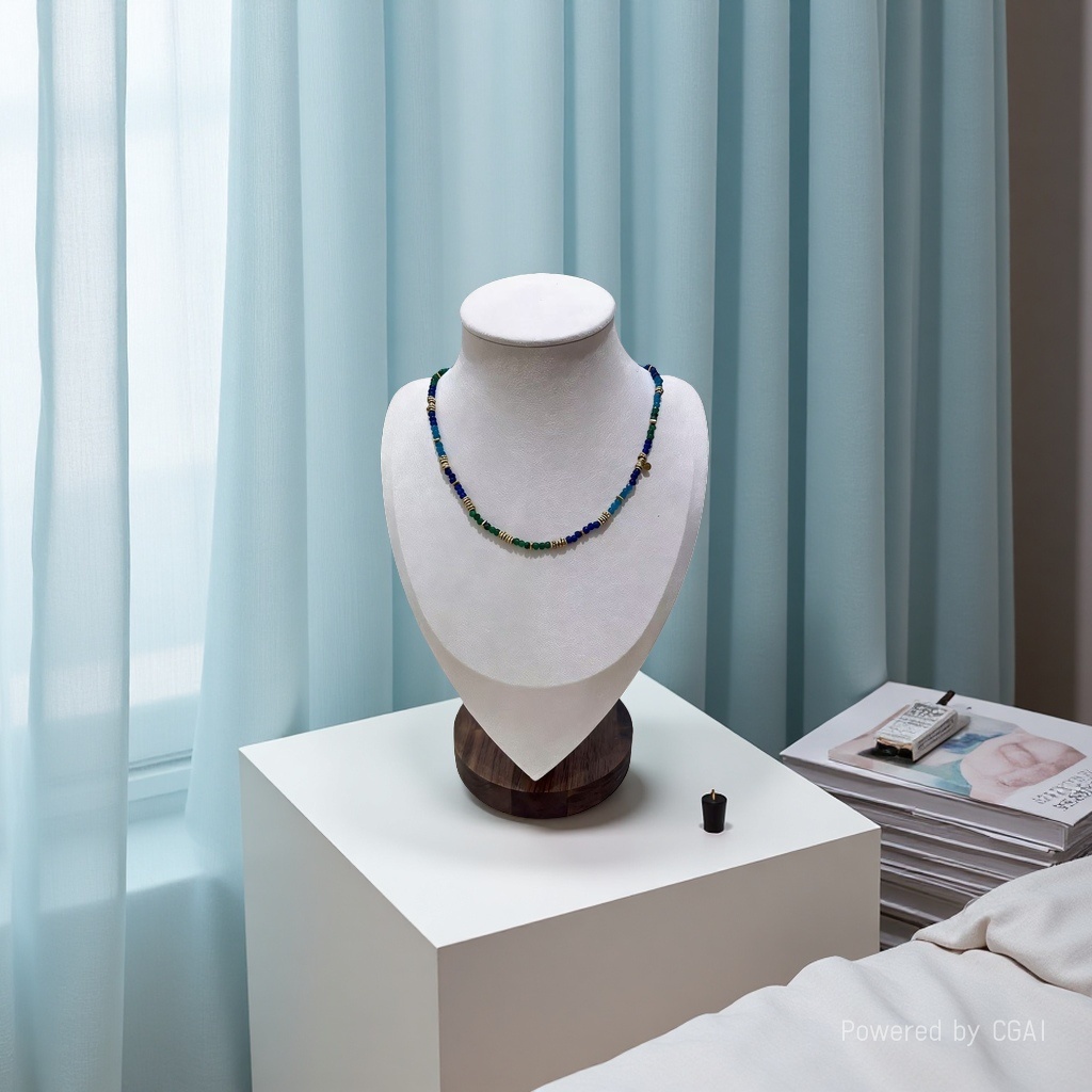天然蓝绿碎彩石手工串珠颈链金属拼接设计轻奢气质颈饰