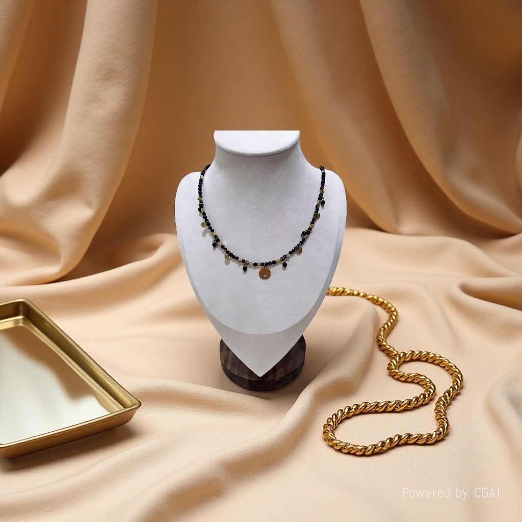 天然黑玛瑙手工串珠颈链 金饰多坠星星锁骨链小众设计感轻奢气质通勤轻奢百搭项链