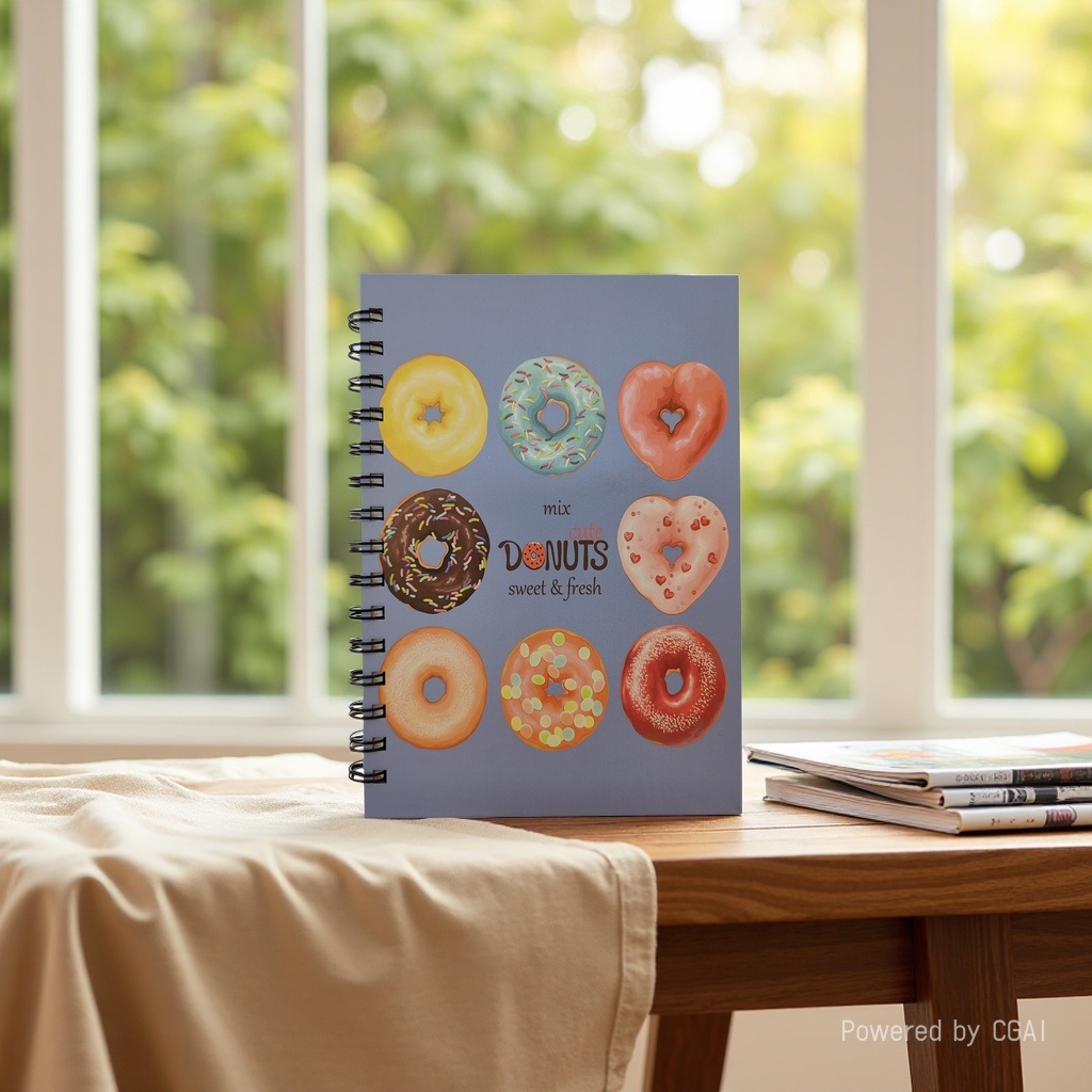 Donghu Paper Products A5 light purple background donut pattern coil notebook, cute student style notepad details Picture