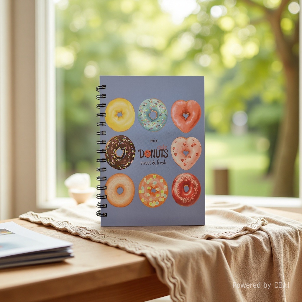 Donghu Paper Products A5 light purple background donut pattern coil notebook, cute student style notepad