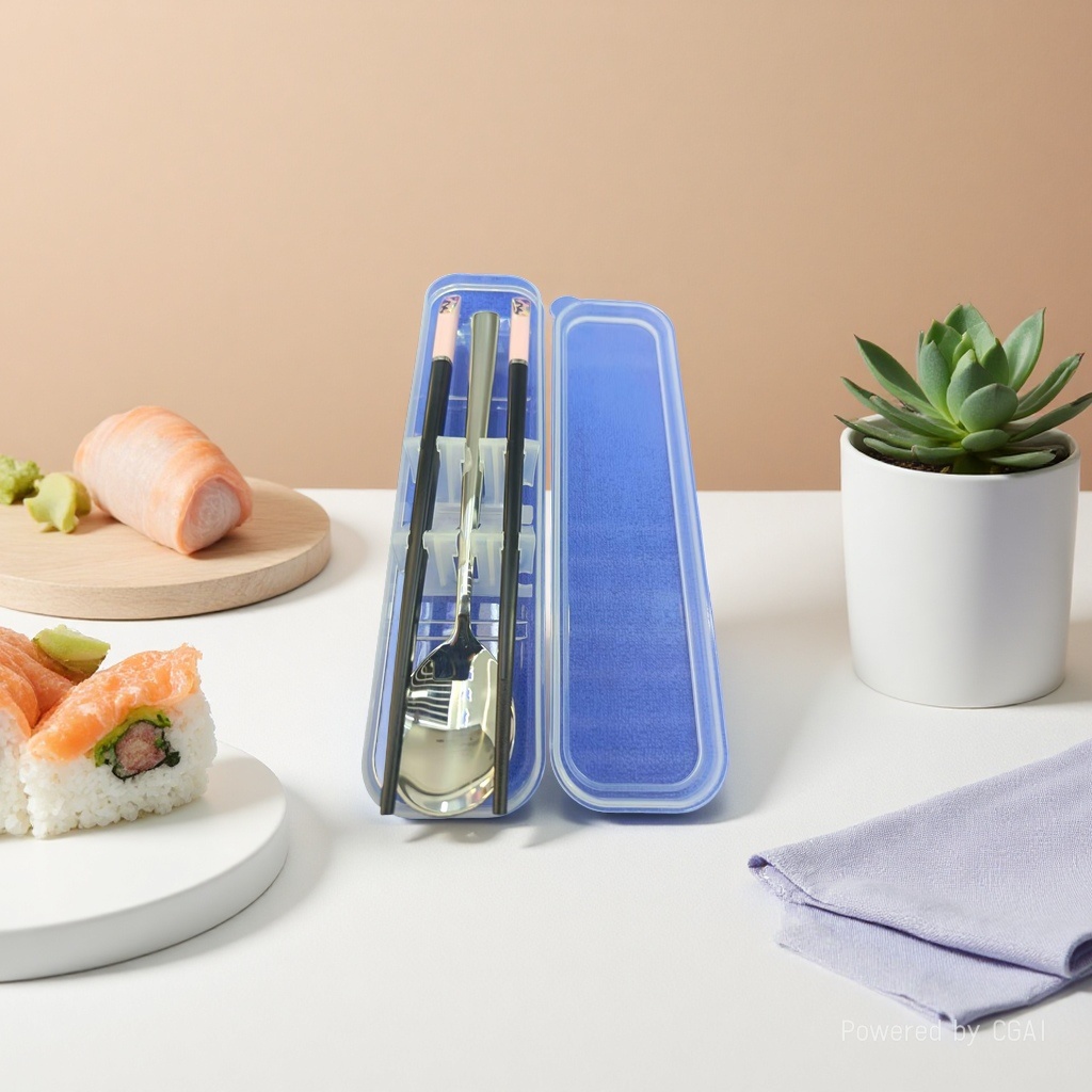 Carry stainless steel tableware set (spoons + chopsticks + transparent box)