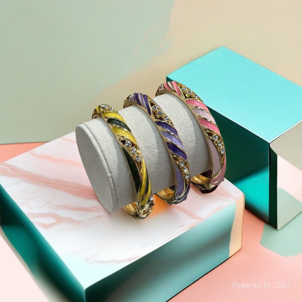 彩色珐琅镶钻猫眼925银手镯铜微镶手环时尚饰品
