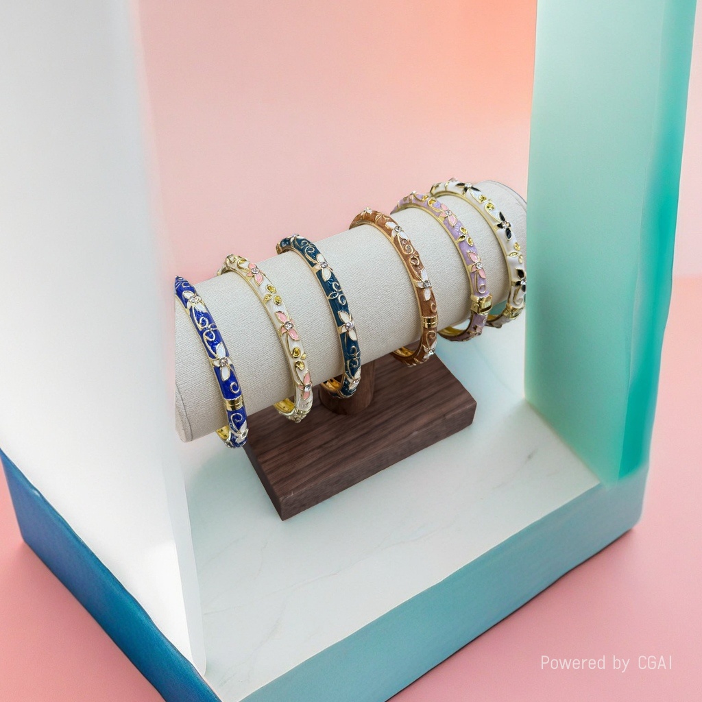 彩色珐琅猫眼925银手镯铜微镶花纹手镯清新时尚饰品