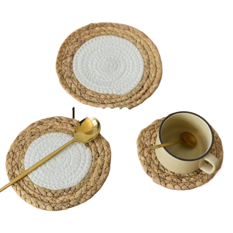 Gourd grass cotton rope mixed woven placemats, heat insulation pads, coasters, Nordic woven plate pads, factory supply, in stock, home pot pads Item Picture