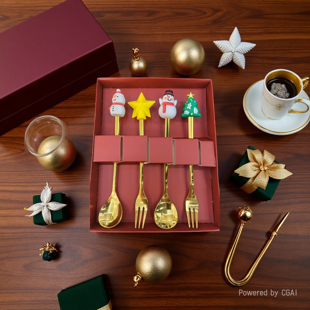 "Gilded Ritual Praise · Banquet Encounter Treasure Collection" Golden Christmas Spoon and Fork Gift Box: Engraved with the festival Aesthetics in the Name of tableware [Ritual Aesthetics · A Table Art Piece that Captures Your Heart at First Sight] 🔸 "craftsmanship gold. Specification image