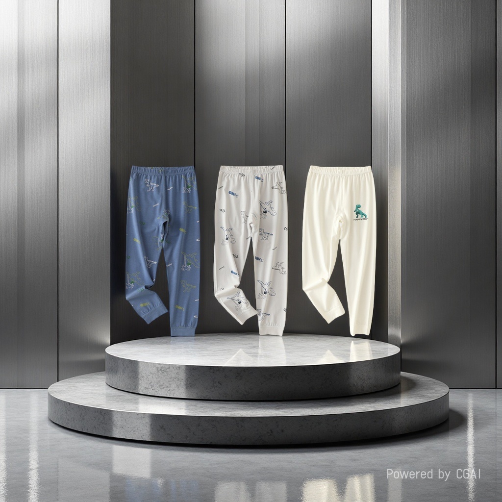 蓝色恐龙图案长裤3条装白色卡通长裤米色单只童裤儿童运动裤童装无缝蚕丝打底裤