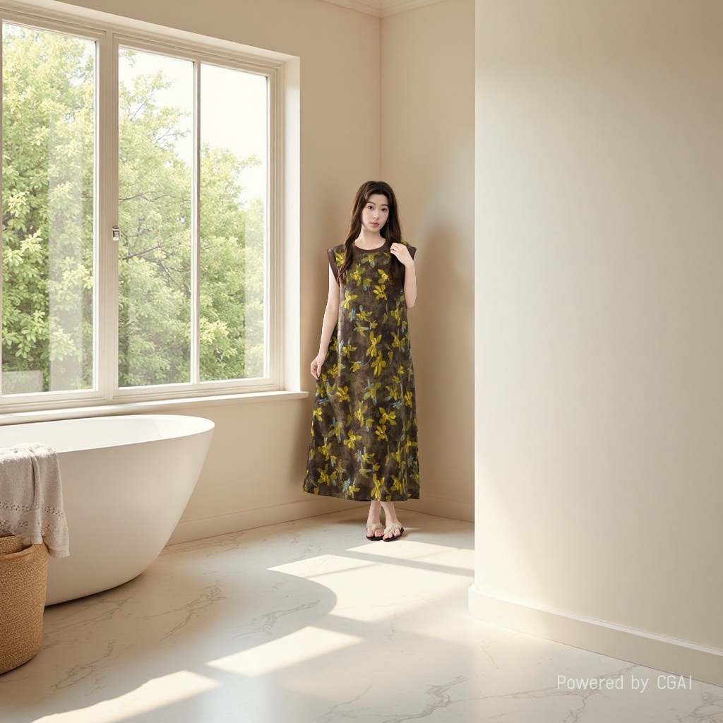 White floral plus-size dress for women's clothing, a loose and slimming long dress for female models