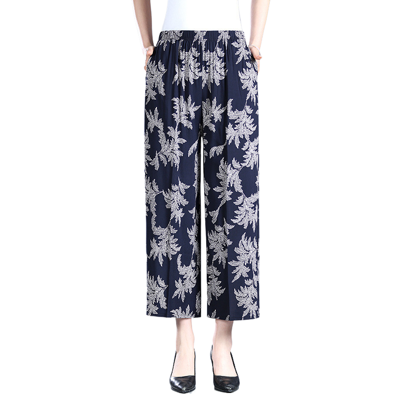 国潮-冰丝印花阔腿女裤夏季黑色休闲裤弯刀姐妹款透气防晒