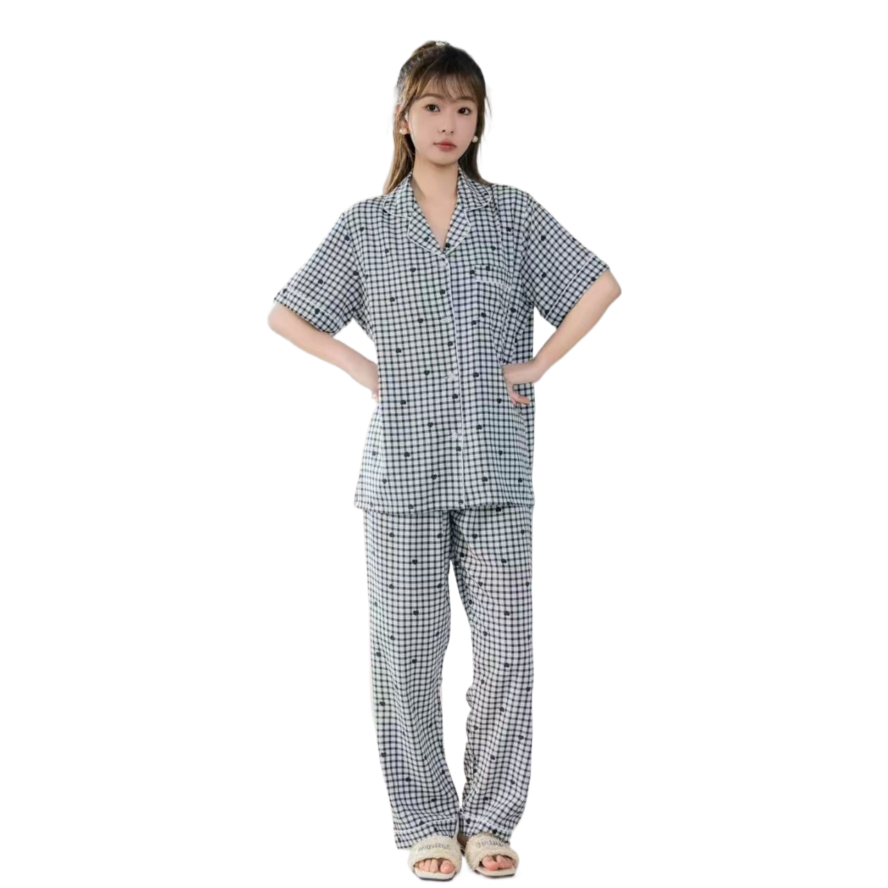 Checkered pattern women's home wear flannel pajama set Silk pajama female model