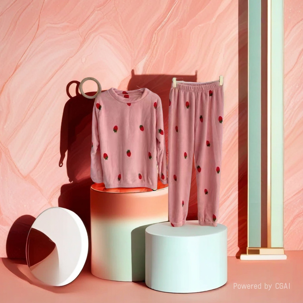 粉色草莓图案童家居服睡衣套装宝宝睡衣拉架棉儿童莫代尔棉婴幼儿分体睡衣