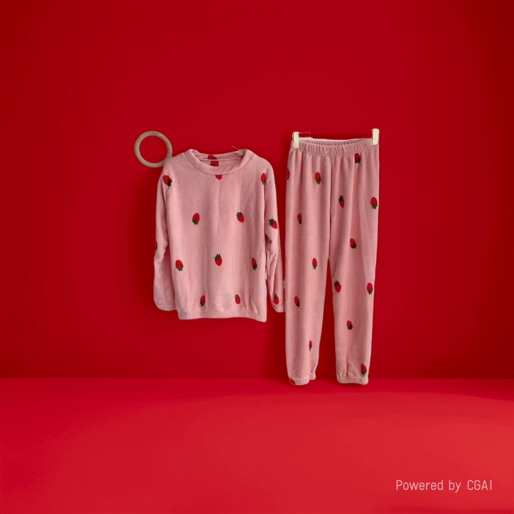 粉色草莓图案童家居服睡衣套装宝宝睡衣拉架棉儿童莫代尔棉婴幼儿分体居家服