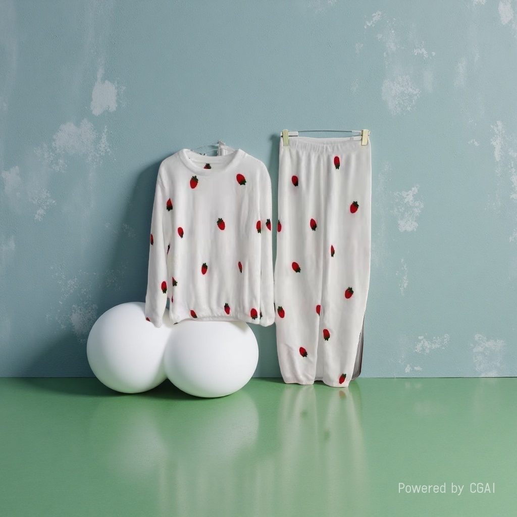 白色草莓图案童家居服睡衣拉架棉宝宝睡衣儿童莫代尔棉分体套装