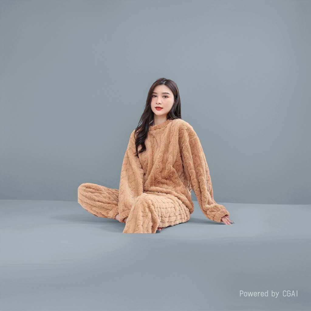 女士毛绒法兰绒睡衣套装加厚保暖家居服真丝内里慵懒风